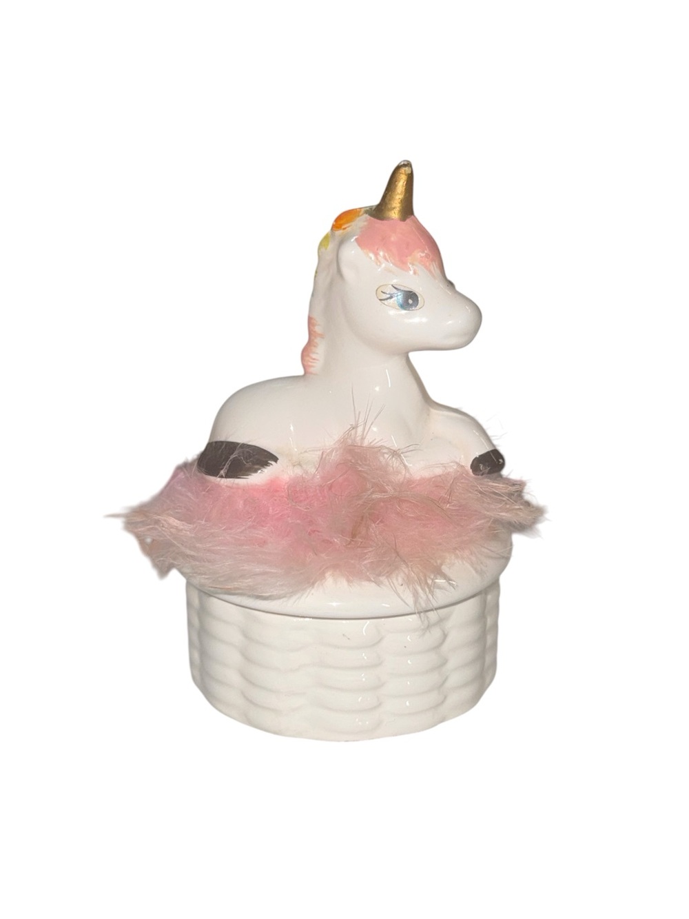 Vintage Ceramic Unicorn Trinket Box | Pink Feather Trim | Whimsical Vanity Decor
